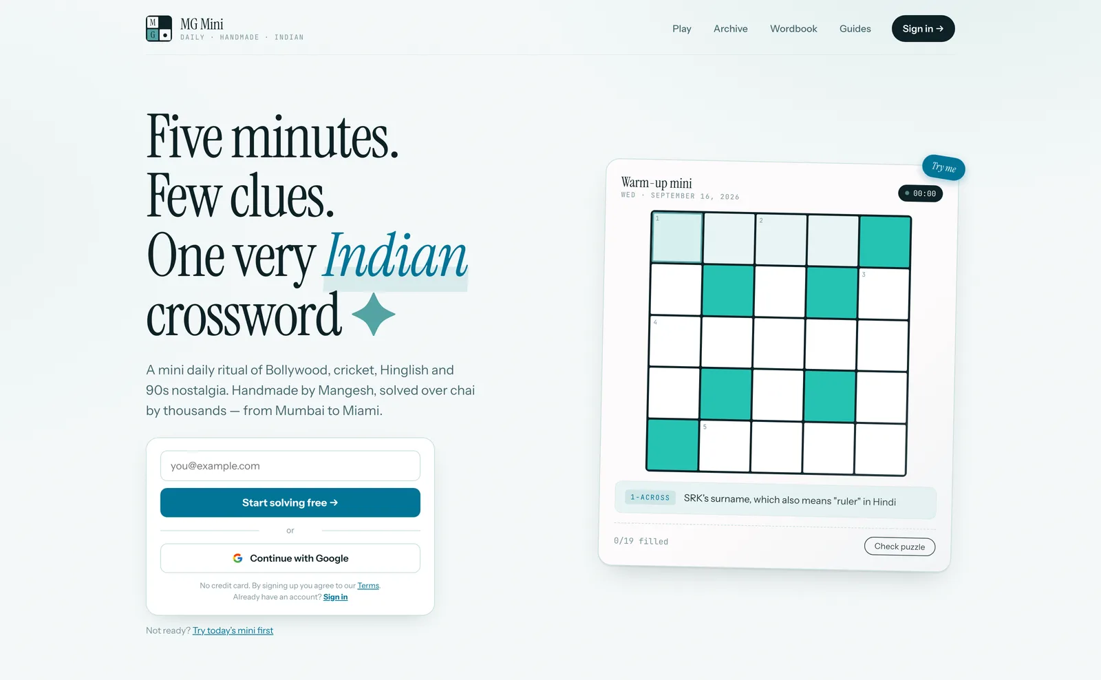 Skærmbillede fra Mini Crosswords til det indiske marked